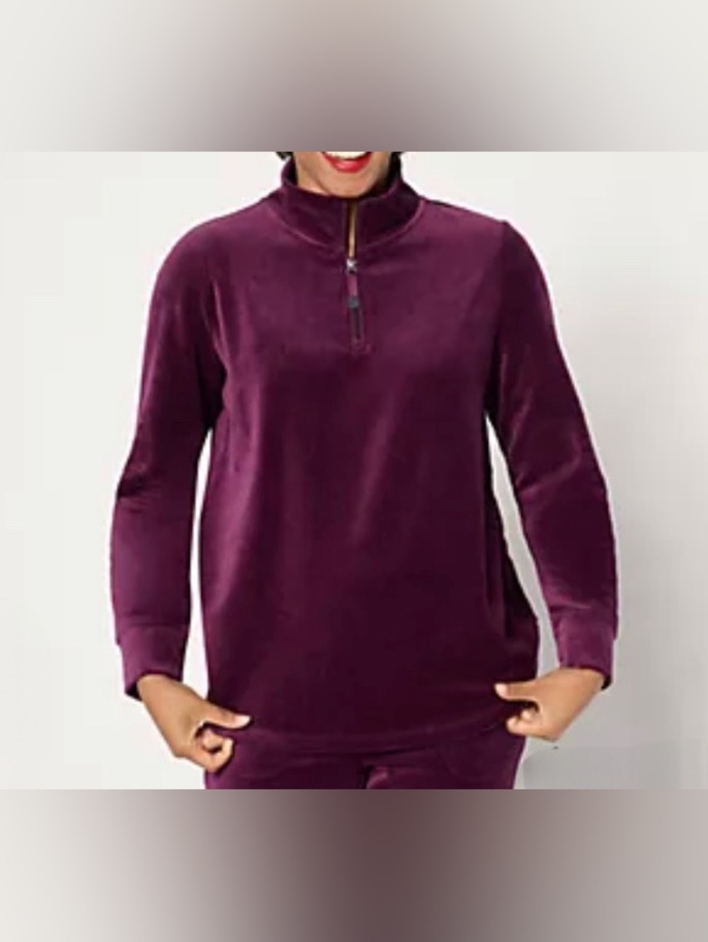 New QVC Denim & Co. Active Velour Quarter Zip Top / Size Medium / Deep Wine
